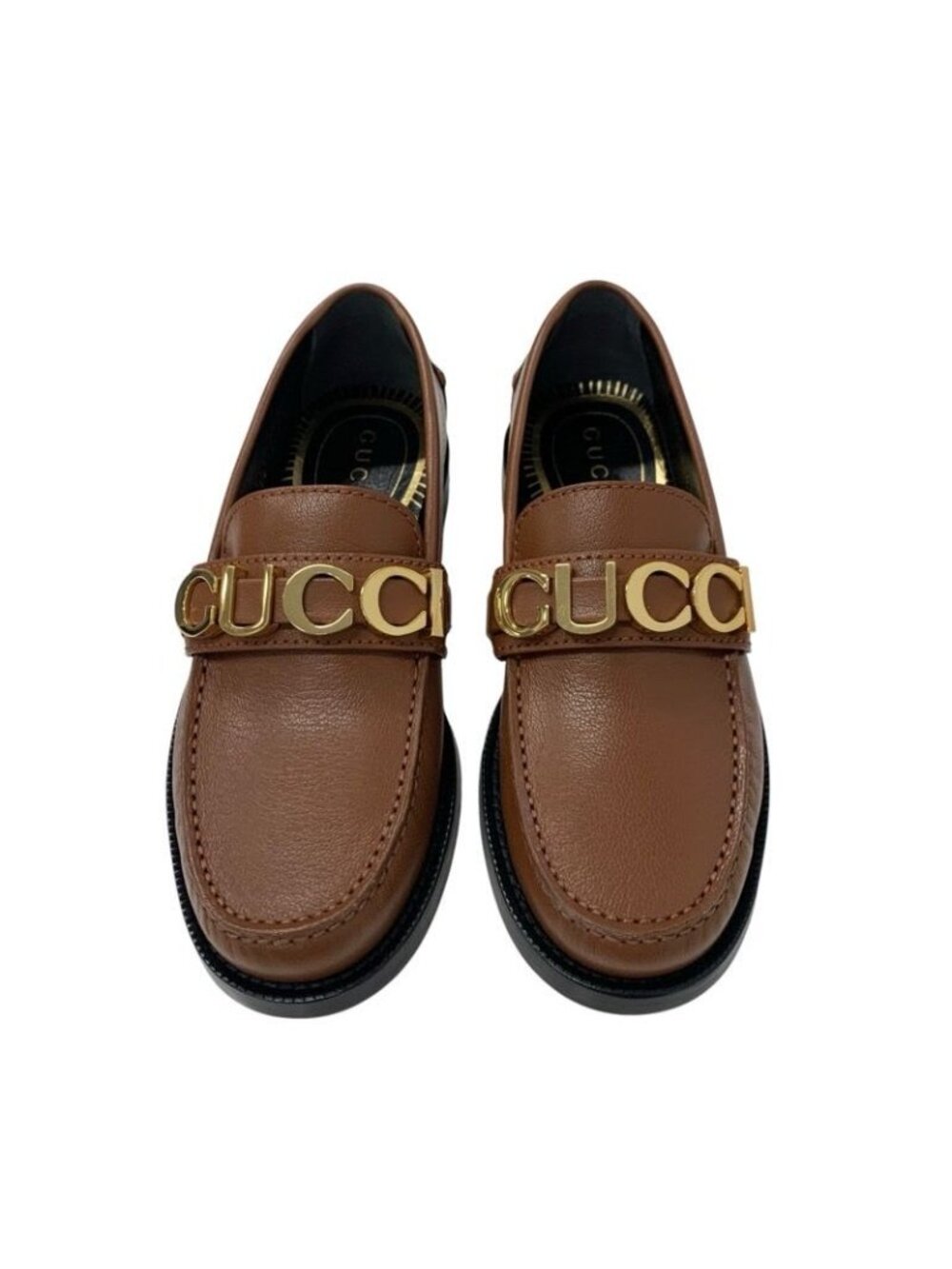 Gucci Loafer Leather Shoes Brown Gold Metal Logo Flat - Picture 2 of 10